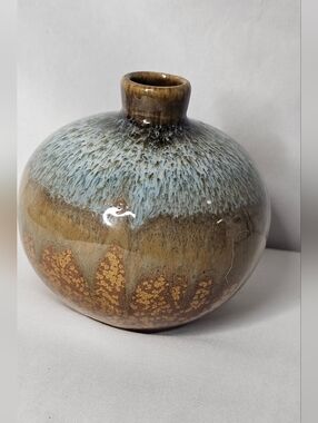 Studio Pottery Bud Vase Crystalline Drip Glaze Earth Tones MCM Round 4"